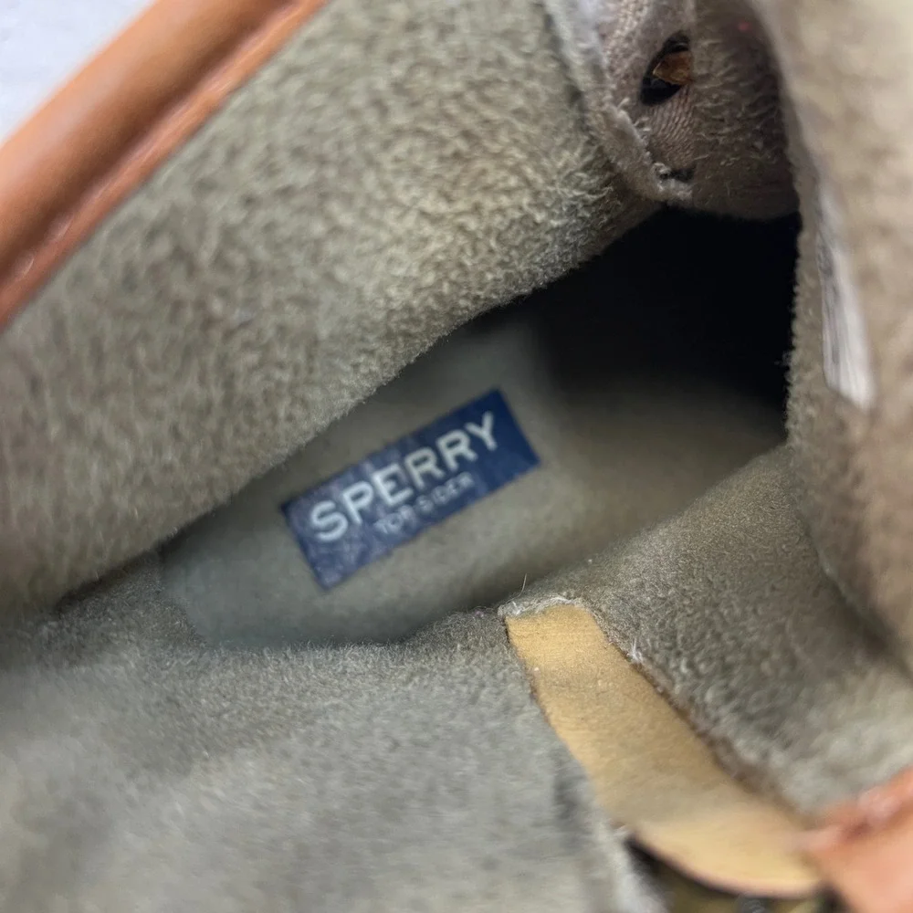 Sperry Saltwater Duck Boots Olive Green Oatmeal Canvas Orange Sole Womens 7.5